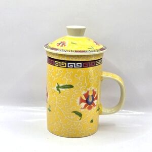Traditional Chinese 3 Pieces Yellow Floral Ceramic Coffee Tea Mug W  Infuser